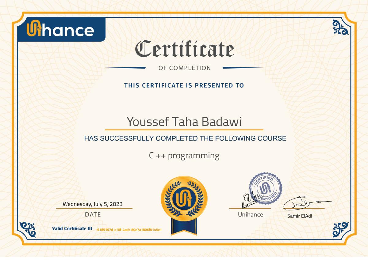 Programming in C++ Certificate — Unihance