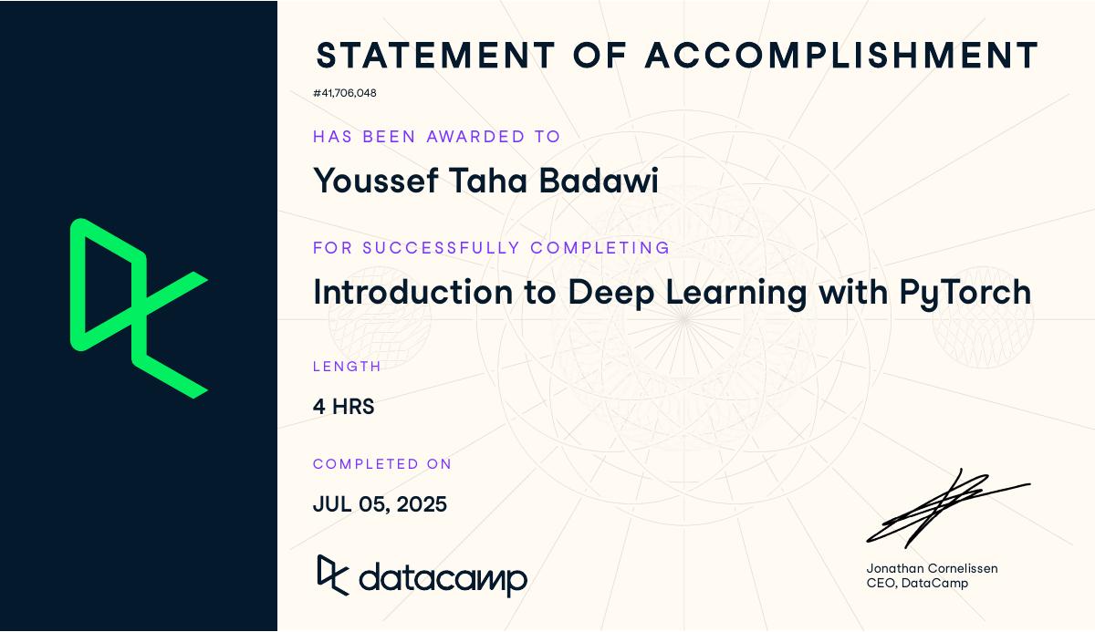 Introduction to Deep Learning with PyTorch Certificate — DataCamp