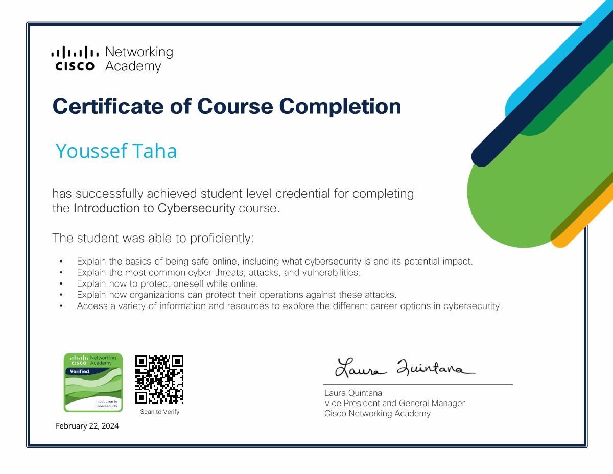 Introduction to Cybersecurity Certificate — Cisco Networking Academy