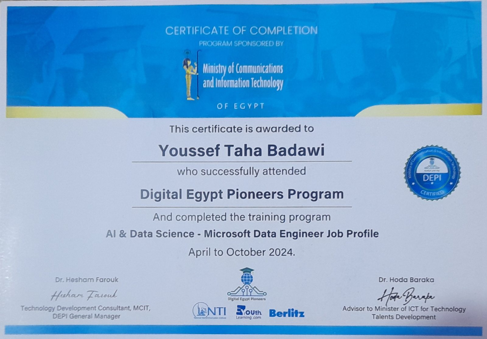 AI & Data Science — Microsoft Data Engineer Certificate — Digital Egypt Pioneers Program