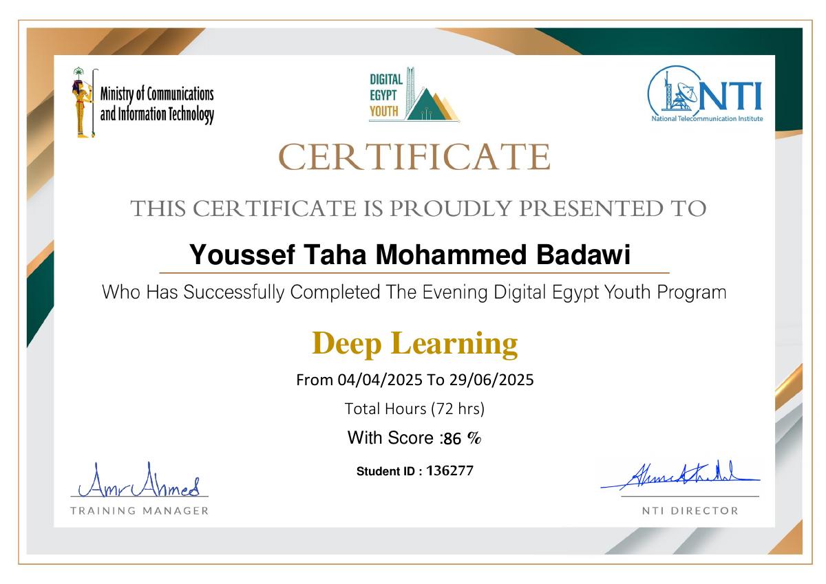 Deep Learning Certificate — Digital Egypt Youth Program (NTI)