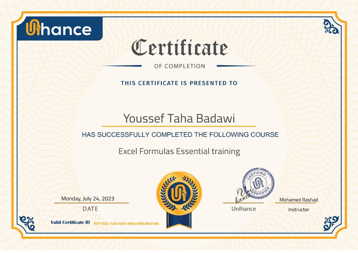 Excel Formulas Essential Training Certificate — Unihance