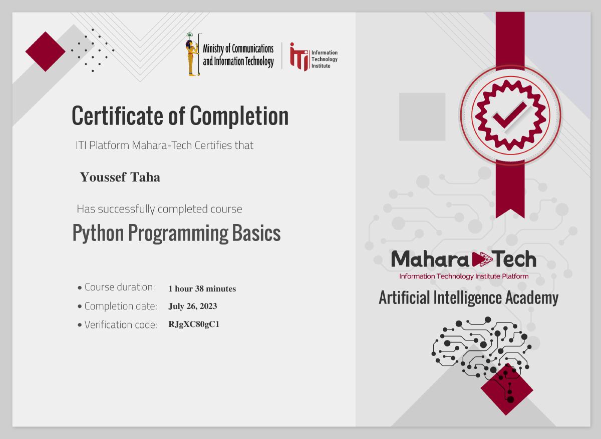 Python Programming Basics Certificate — ITI Mahara-Tech
