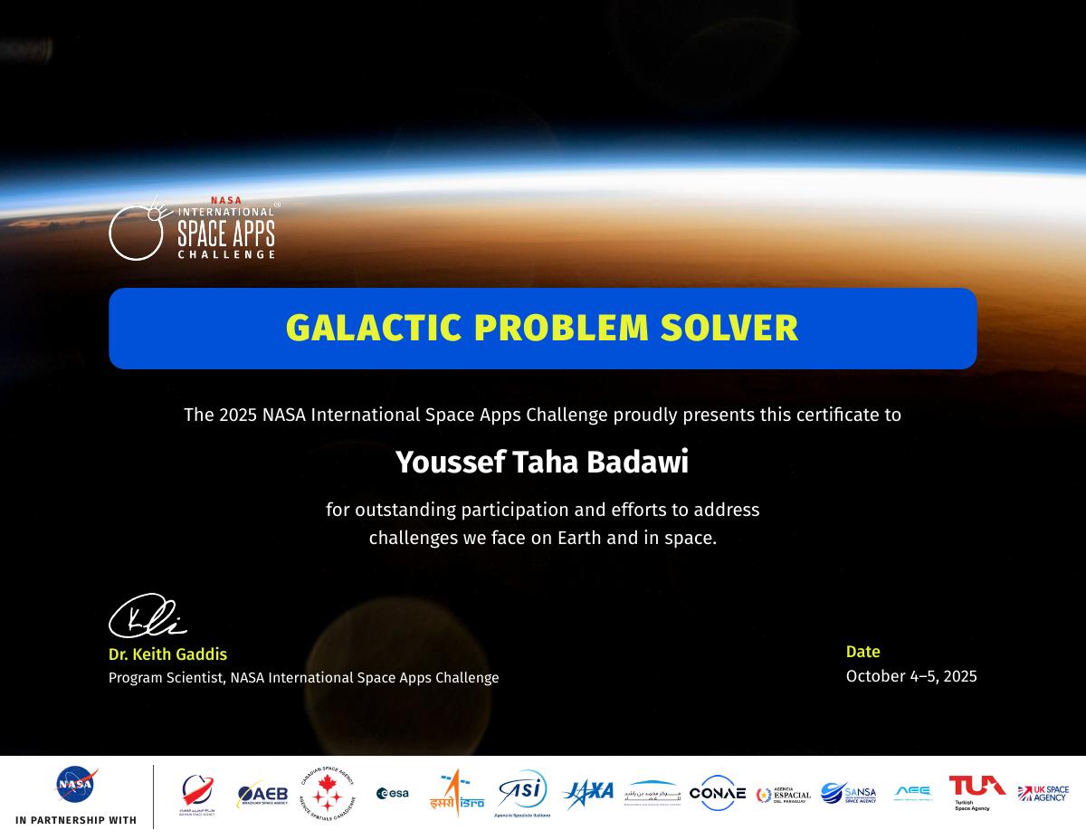 NASA Space Apps Challenge Participant Certificate — NASA Space Apps Cairo