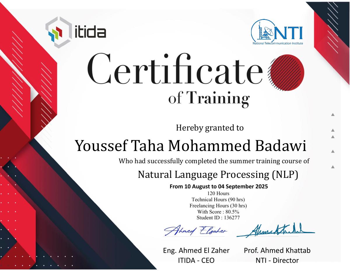 Natural Language Processing (NLP) Summer Training Certificate — NTI & ITIDA