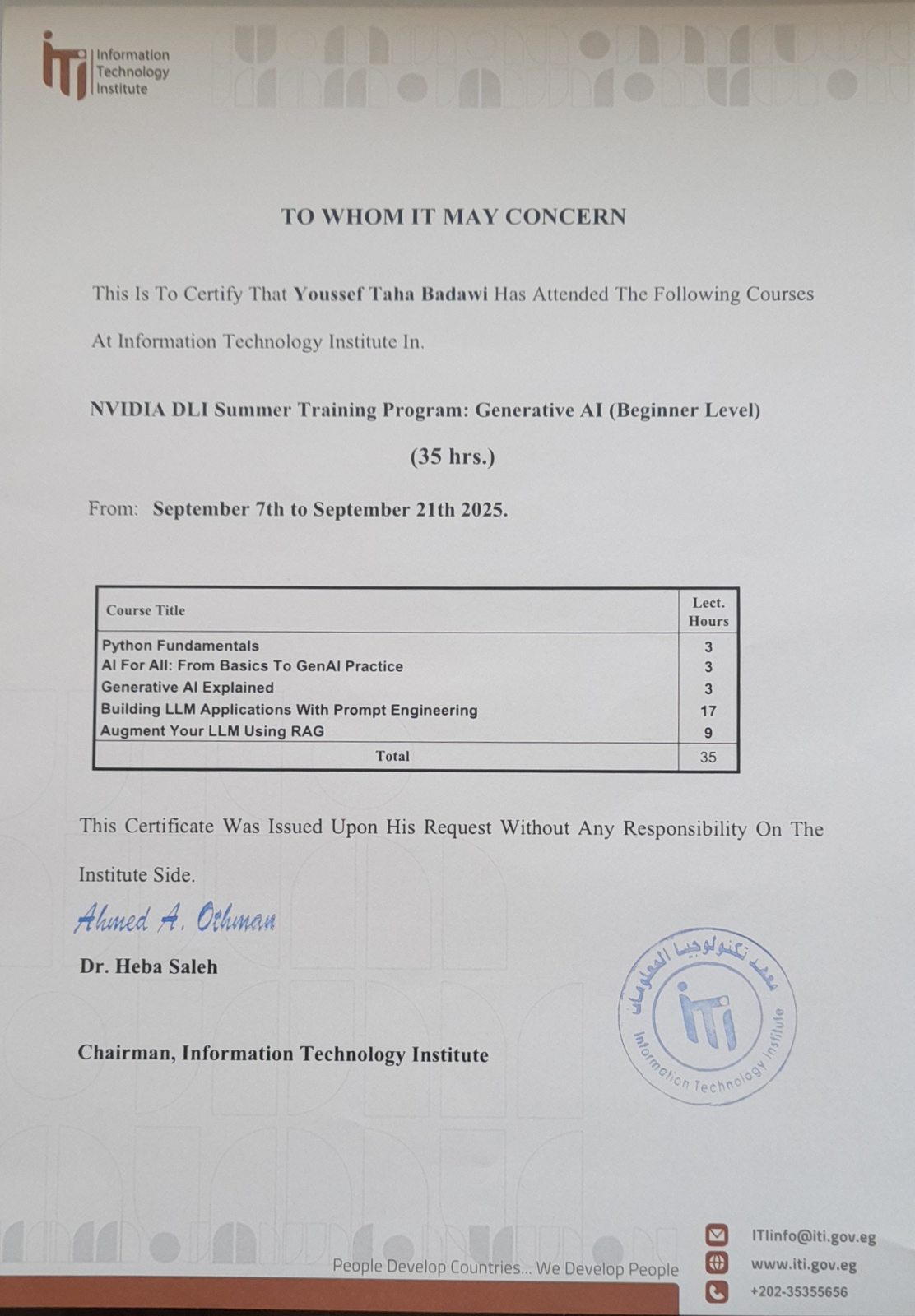 Generative AI Summer Training Program (Beginner Level) Certificate — NVIDIA DLI / ITI