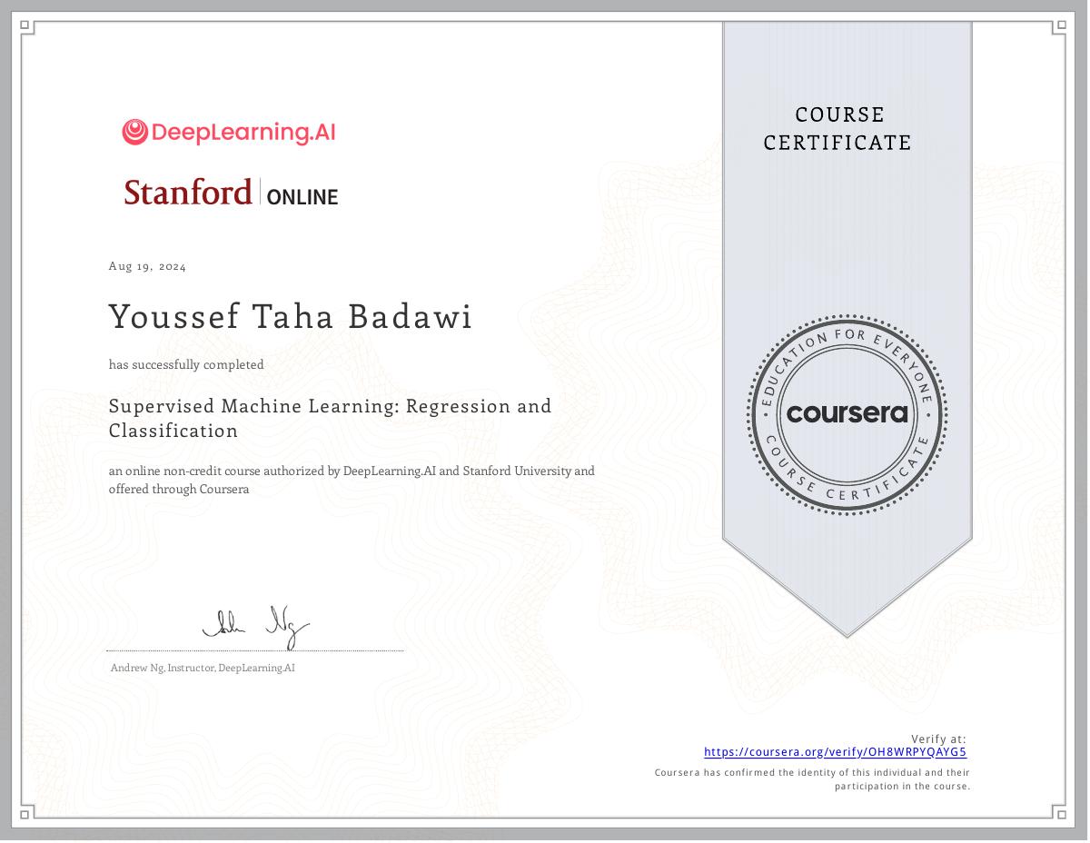 Supervised Machine Learning: Regression and Classification Certificate — DeepLearning.AI / Stanford