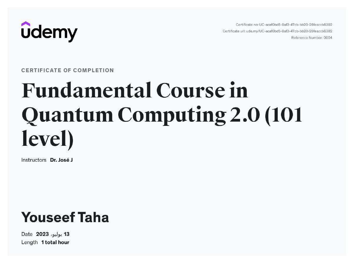 Fundamental Course in Quantum Computing 2.0 (101 level) Certificate — Udemy
