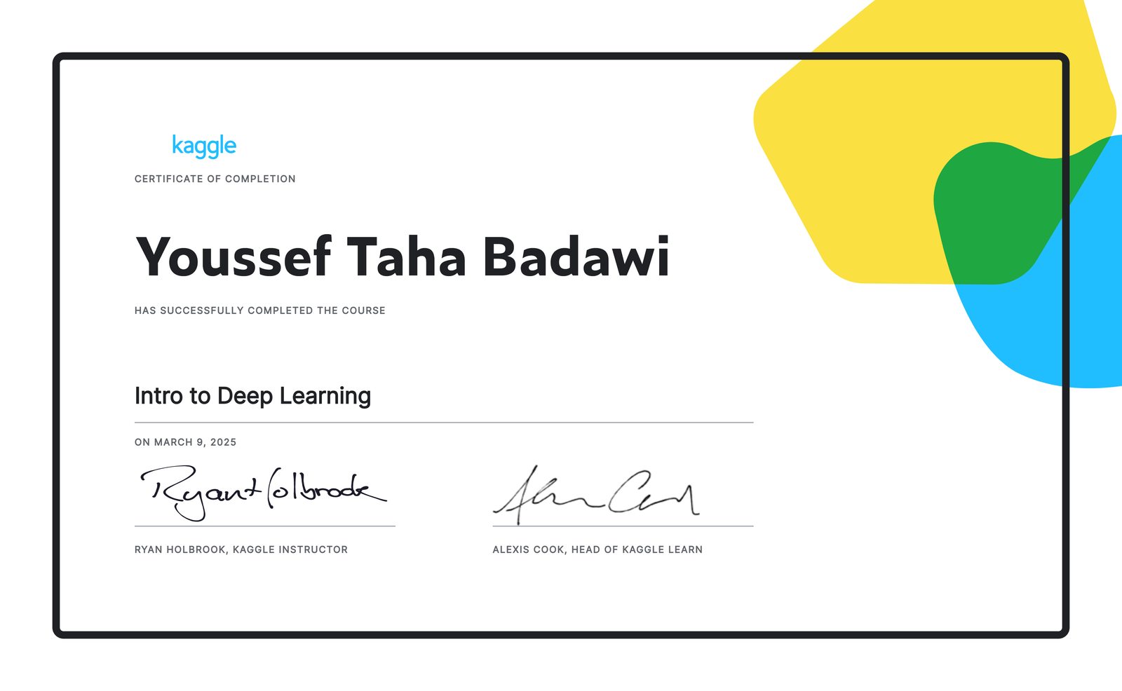 Introduction to Deep Learning Certificate — Kaggle